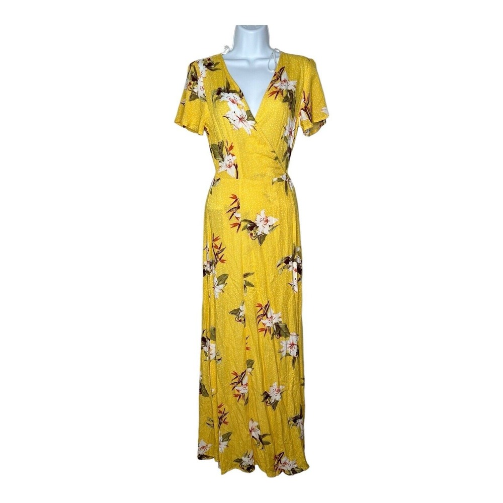 Lulus Wrap Dress Womens XS Floral Maxi Yellow Tropical Print Slit‎ Short Sleeve